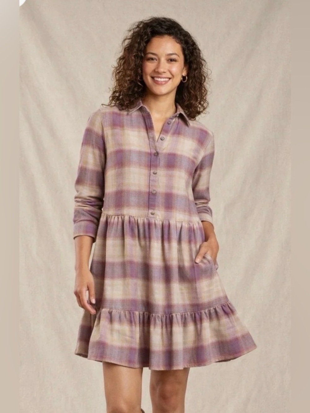 TOAD&CO Sz M Re-Form Plaid Tiered Shirt Dress Lavender Long Sleeve Pockets